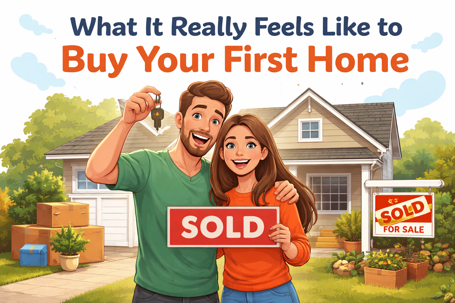 Couple standing in front of their new home holding keys and a “Sold” sign, smiling with moving boxes and a “For Sale” sign in the yard, illustrating what it really feels like to buy your first home.