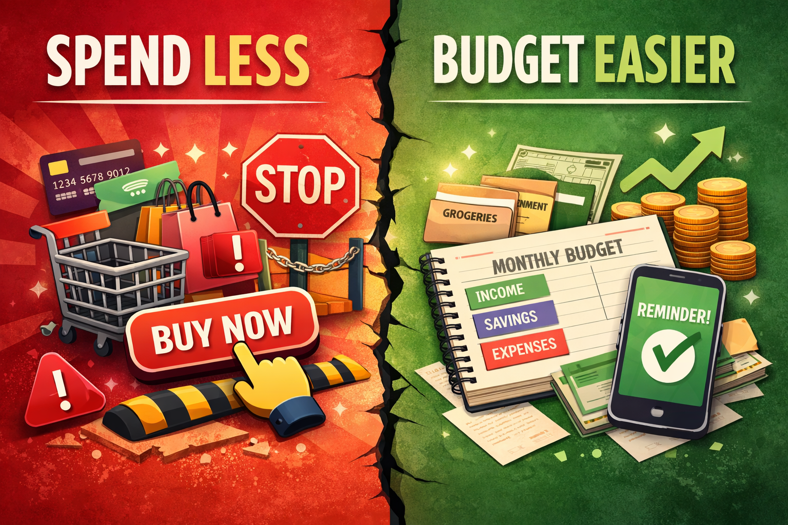 Split feature image illustrating financial friction: on the left, a red “Spend Less” side with a shopping cart, credit cards, a large “Buy Now” button, and a visible speed bump symbolizing added friction to slow spending; on the right, a green “Budget Easier” side with a monthly budget planner, labeled envelopes, stacked coins, and a phone reminder representing reduced friction in budgeting.