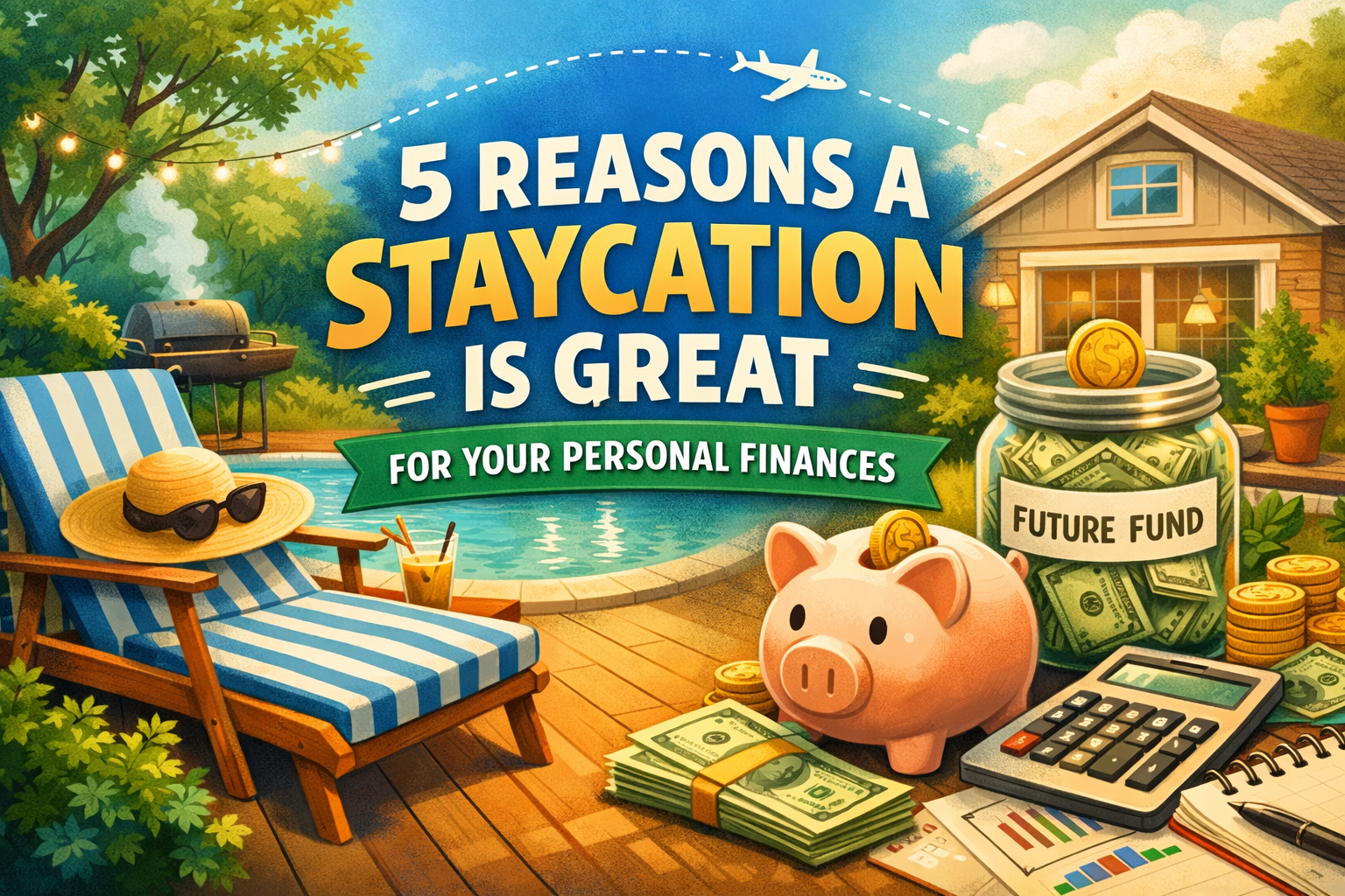 Illustration of a backyard staycation scene with a lounge chair by a pool, string lights, and a grill on one side, and personal finance symbols on the other, including a piggy bank, cash, a calculator, and a jar labeled “future fund.” The image highlights how relaxing at home can help save money and support financial goals.