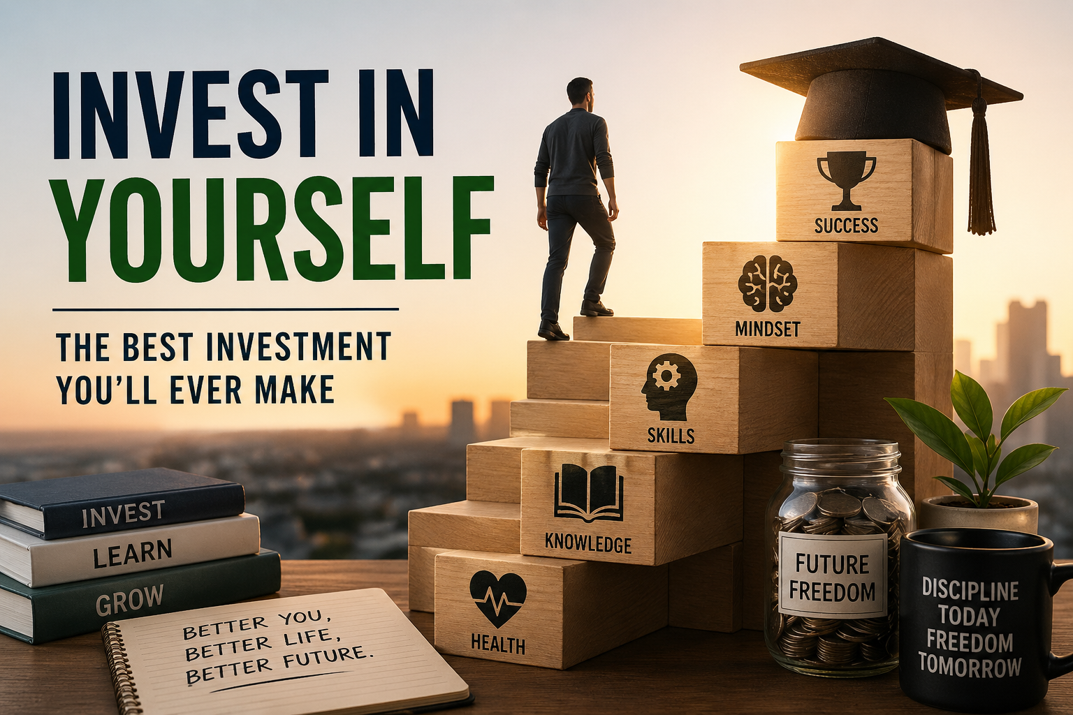 A motivational feature image showing a person climbing wooden block stairs labeled health, knowledge, skills, mindset, and success, symbolizing self-investment and personal growth. A graduation cap sits on top, with books, a jar of coins labeled “future freedom,” and the words “Invest in Yourself: The Best Investment You’ll Ever Make” against a sunrise city skyline.