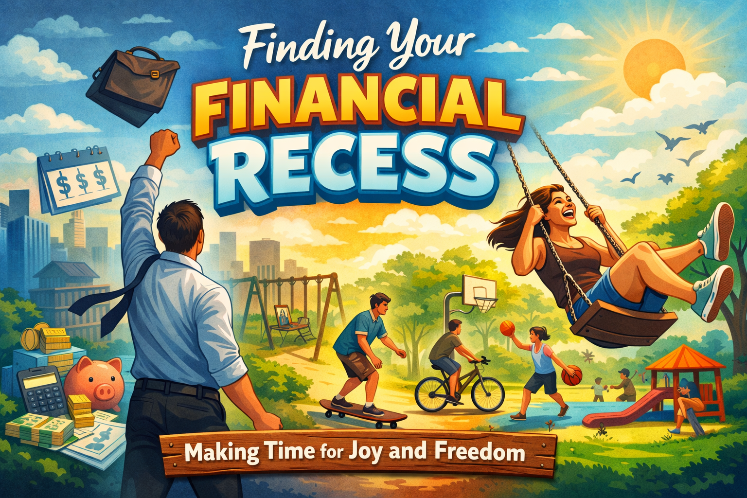 Illustration of a man leaving work and a woman swinging at a playground, symbolizing financial recess and the balance between money responsibilities and enjoying free time.