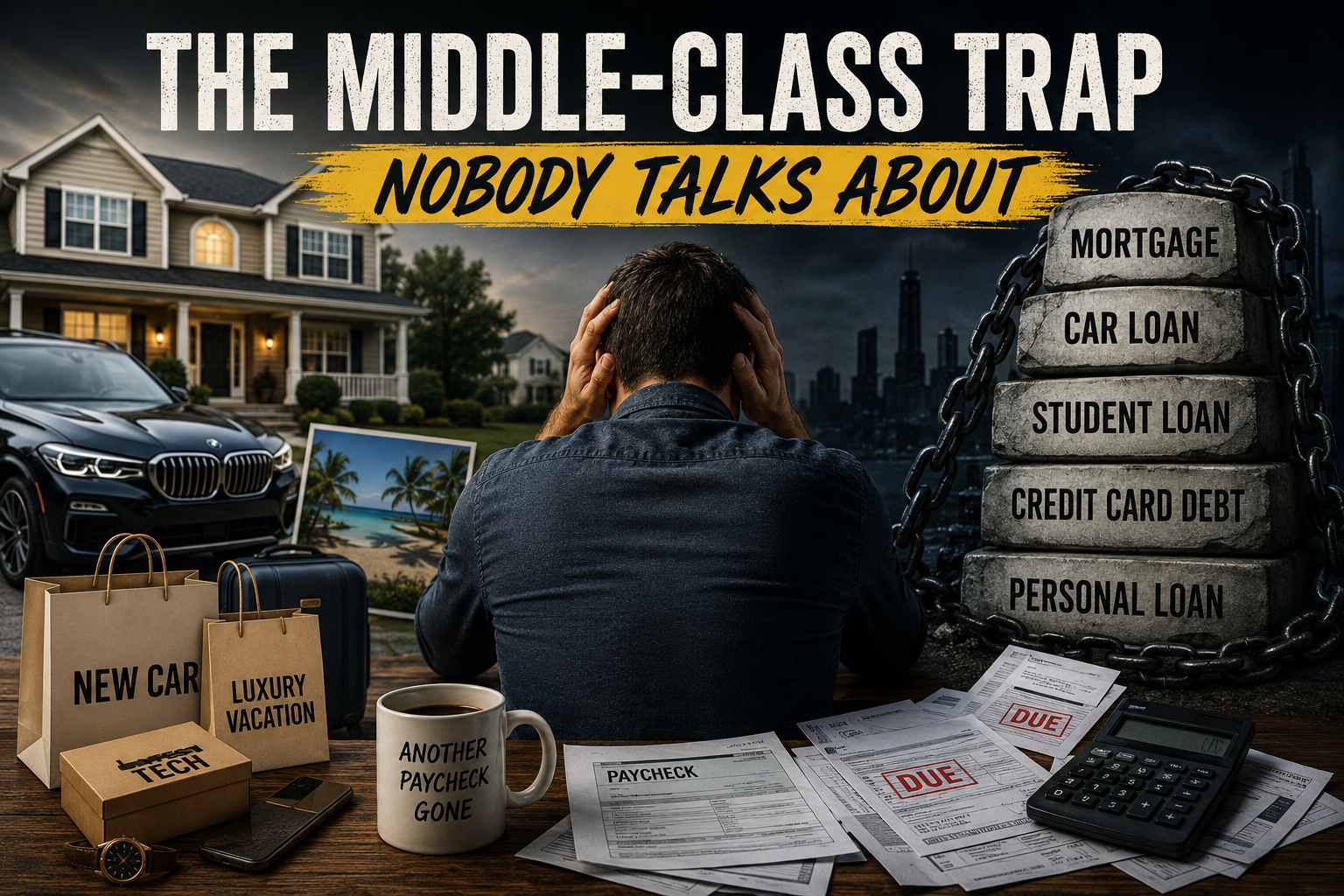 Stressed middle-class man sitting at a desk surrounded by bills, debt payments, luxury purchases, and a large suburban home, illustrating the financial pressure and lifestyle inflation behind the middle-class trap.