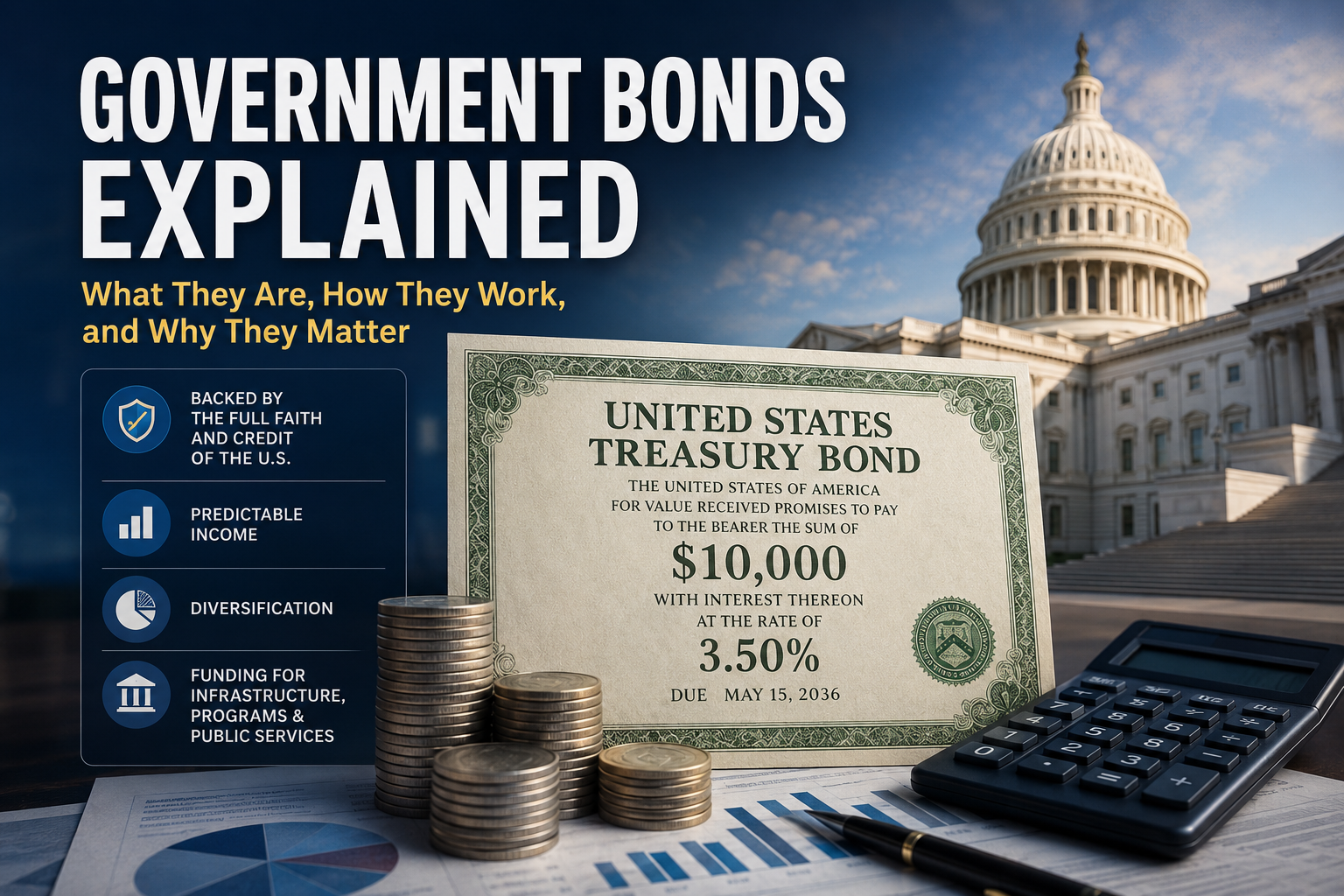 What are gov bonds infographic featuring a U.S. Treasury bond certificate, stacks of coins, calculator, and the U.S. Capitol building explaining how government bonds work and why they matter for investors.