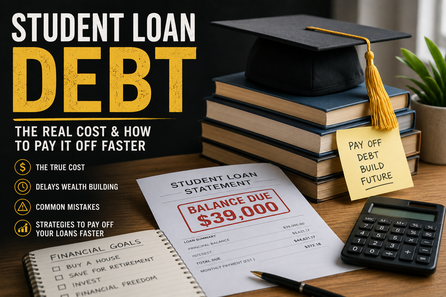 Student loan debt concept image featuring a graduation cap on a stack of books, a student loan statement showing a $39,000 balance, a calculator, and a notebook listing financial goals, illustrating the true cost of student loan debt and strategies for paying it off faster.