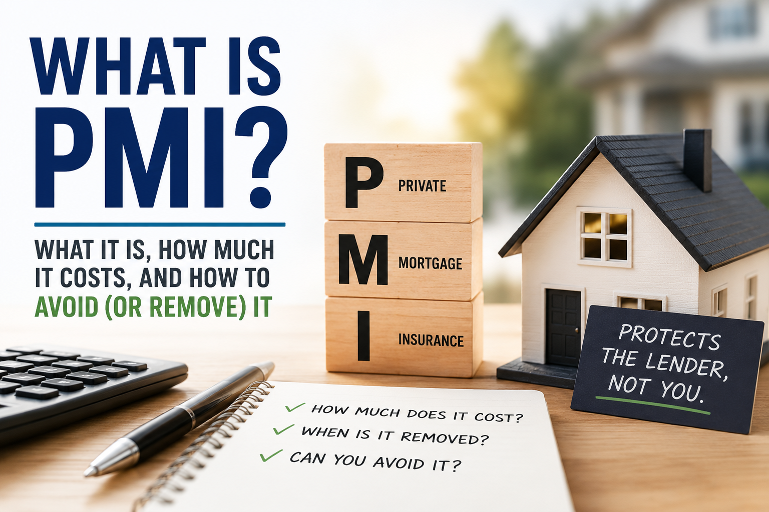 Feature image showing a miniature house beside wooden blocks spelling 'PMI,' with a calculator and notebook illustrating Private Mortgage Insurance, its costs, and how it protects the lender rather than the homeowner.