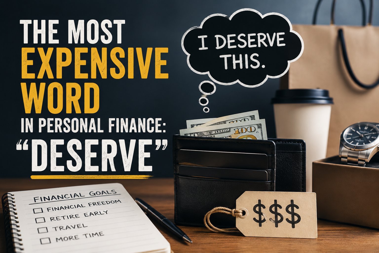 The most expensive word in personal finance "deserve" concept image featuring a wallet filled with cash, luxury purchases, shopping bags, and a financial goals checklist, illustrating how emotional spending and the "I deserve this" mindset can undermine long-term wealth building and financial freedom.