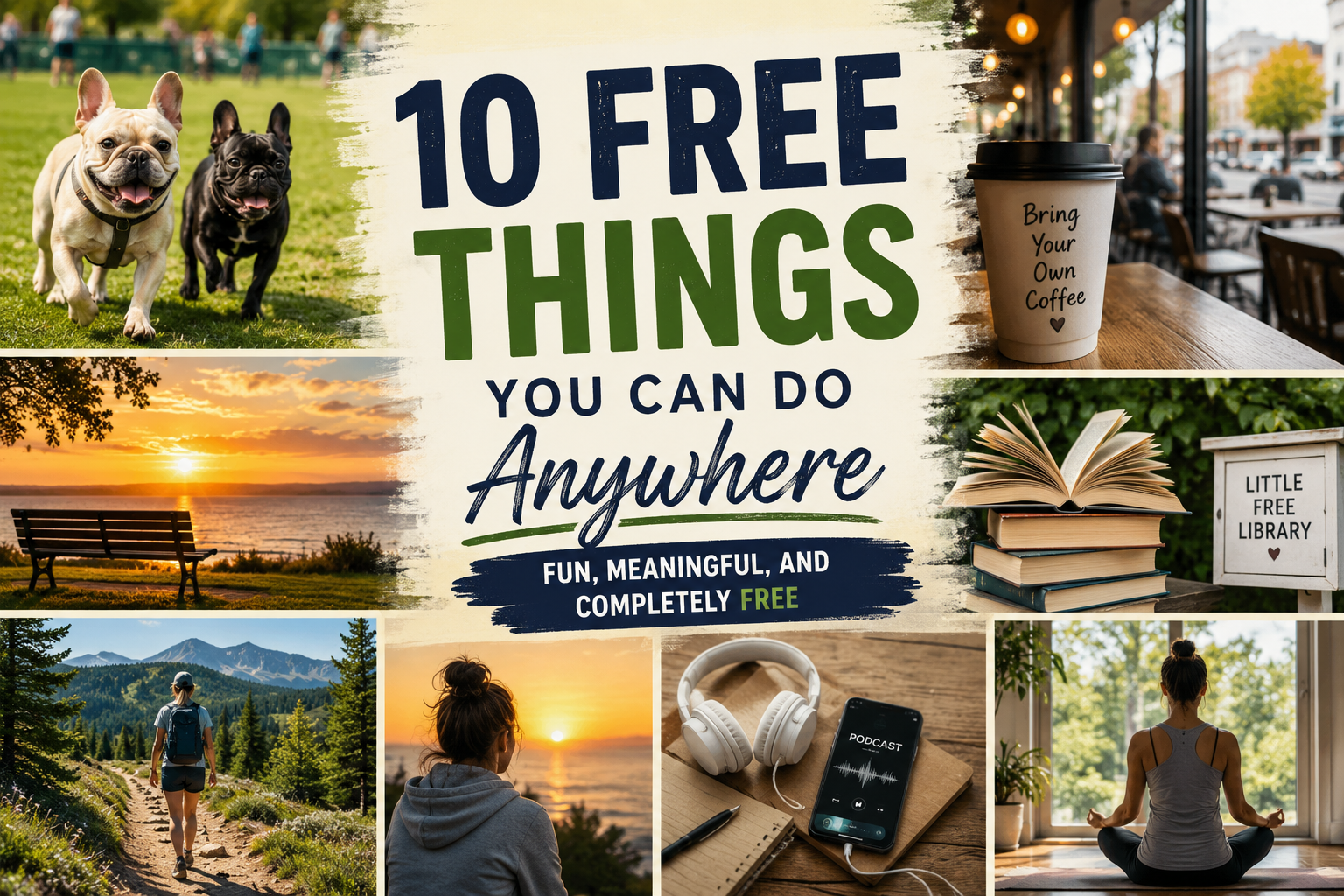 Collage featuring free activities including dogs playing at a dog park, a reusable coffee cup in a coffee shop, a sunrise, hiking, reading books, listening to podcasts, meditating, and a Little Free Library surrounding the title "10 Free Things You Can Do Anywhere."