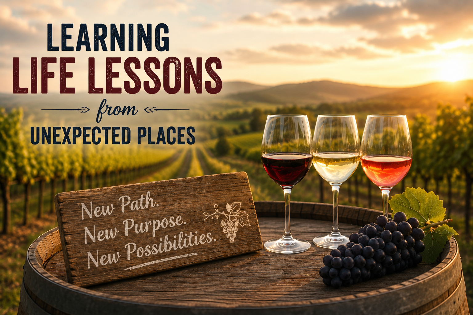 Sunset vineyard landscape featuring three wine glasses on a rustic barrel surrounded by grapevines. Inspirational text reads “Learning Life Lessons from Unexpected Places,” symbolizing career reinvention, personal growth, and new opportunities.