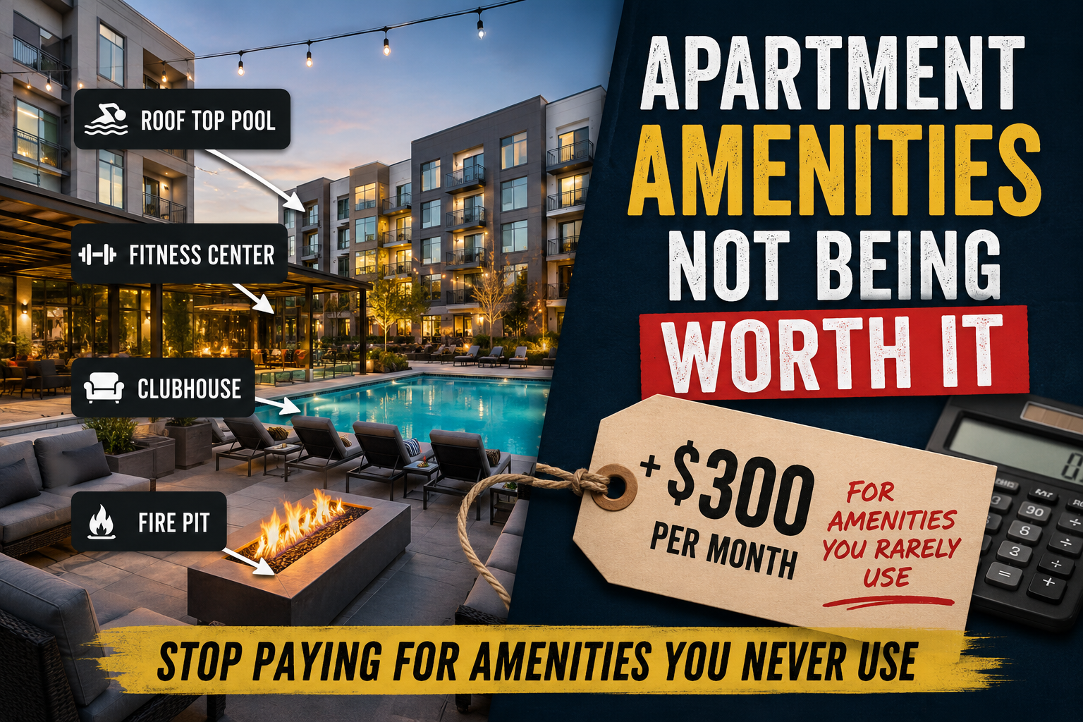 Apartment amenities including a rooftop pool, fitness center, clubhouse, and fire pit, highlighting the hidden cost of paying for amenities you rarely use.