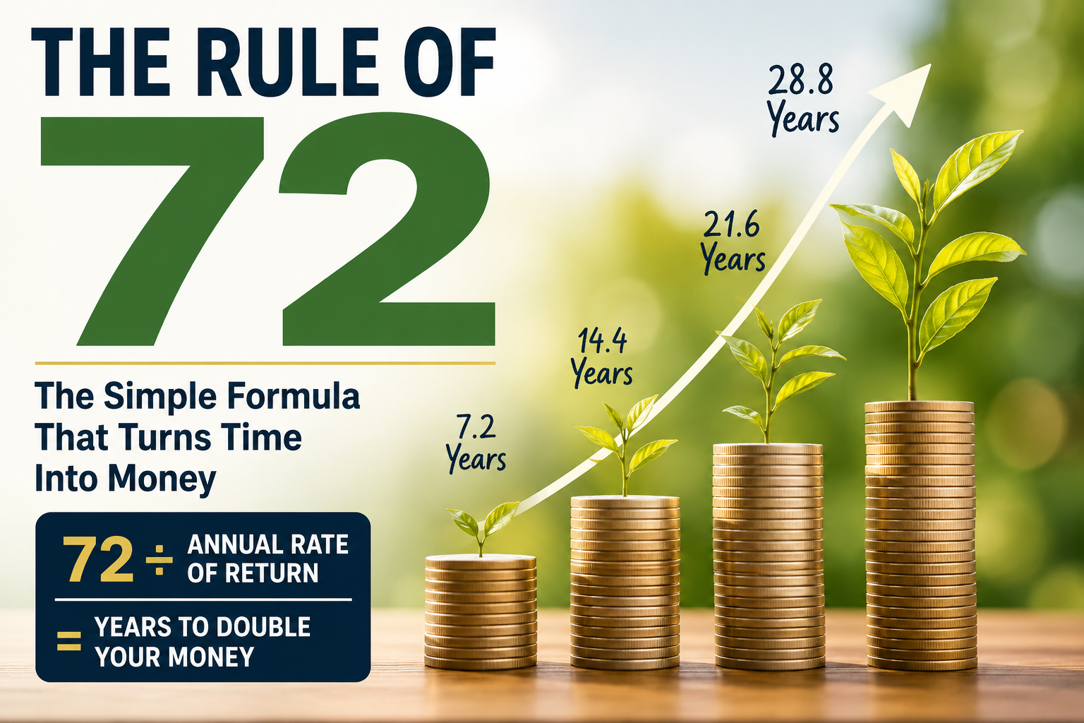Illustration of the Rule of 72 showing stacks of coins growing into plants over time, with an upward arrow representing compound growth and the formula 72 ÷ annual rate of return = years to double your money.